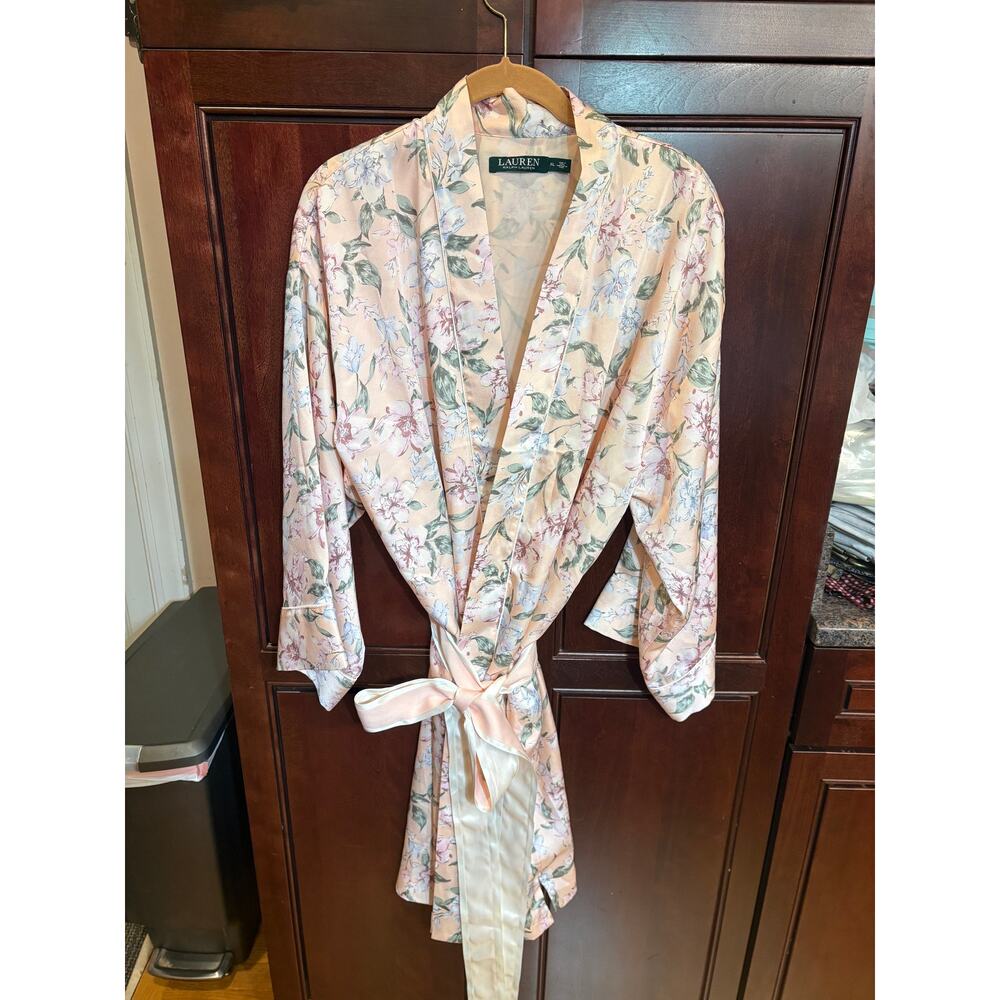 Lauren Ralph Lauren Pink Floral Satin Bell Sleeve Robe Size XL